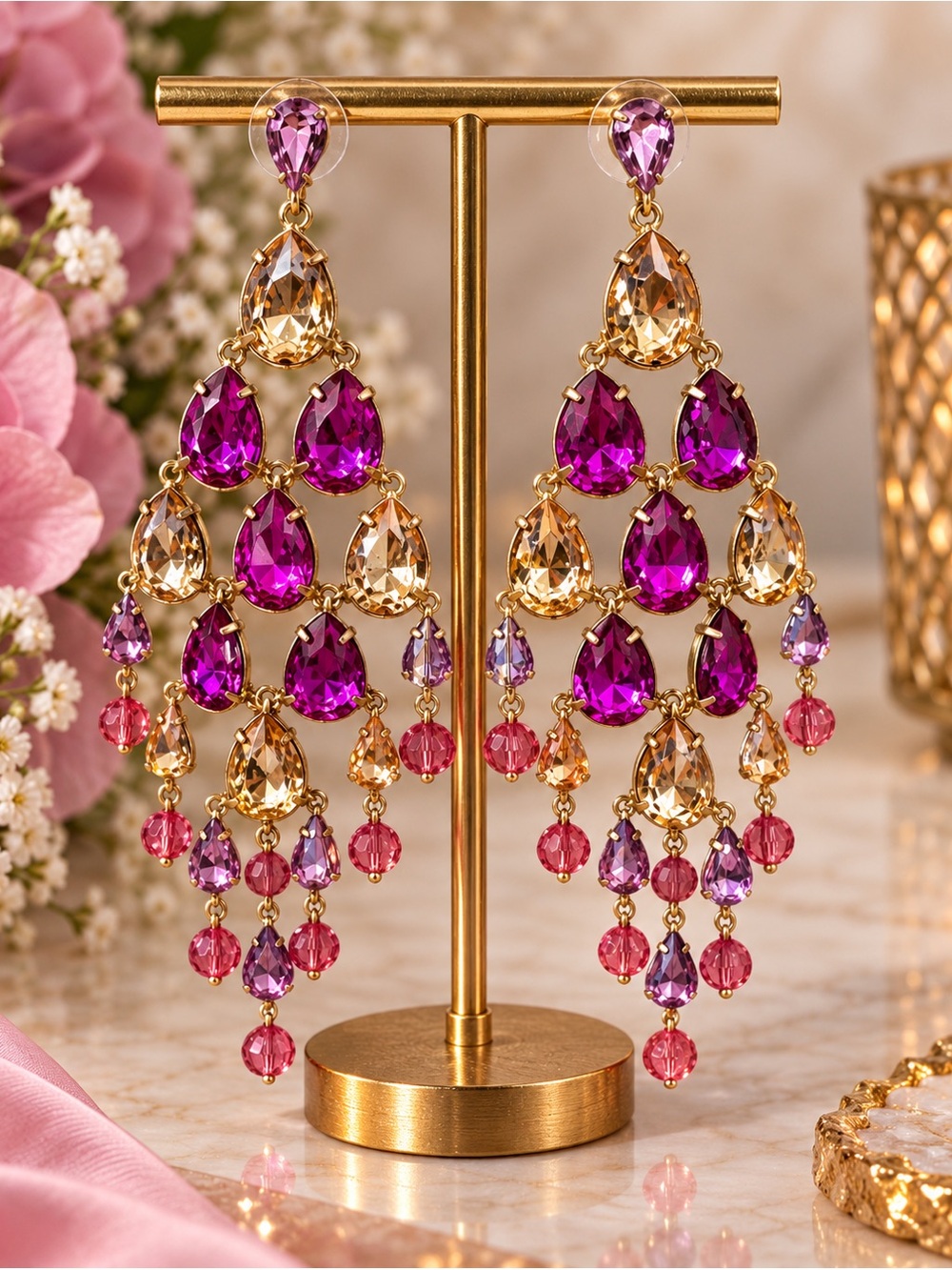 Gold-Tone Purple & Pink Crystal Chandelier Earrings